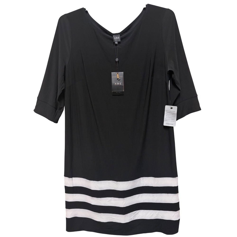 ABS Allen Schwartz Women Black White Striped Hem‎ V-Neck Shift Dress 1X 958D52U